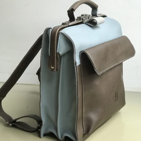 voorbeeld werktas rugtas ijsblauw / chocobruin