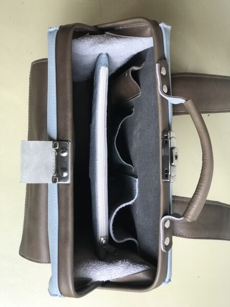 voorbeeld werktas rugtas ijsblauw / chocobruin