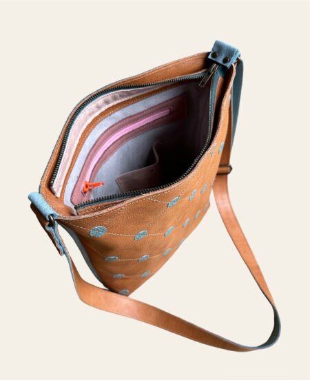 shopper TONY cognac / lichtblauwe stippen